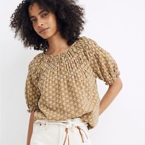 Madewell Daisy Embroidered Shirred Puff-Sleeve Top in Olive
